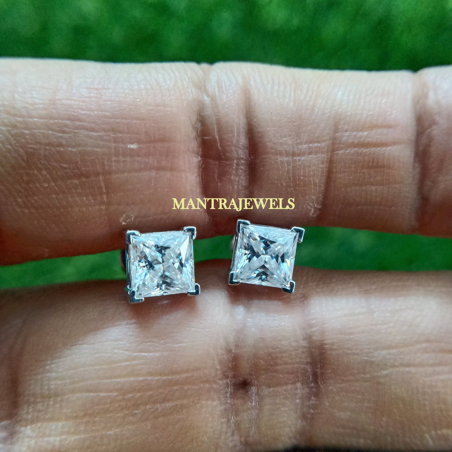 Moissanite Screw Back Earrings/ Princess Cut Studs Wedding Earrings/ Basket Setting Unisex Earrings/ 925 Sterling Silver Diamond Earrings.