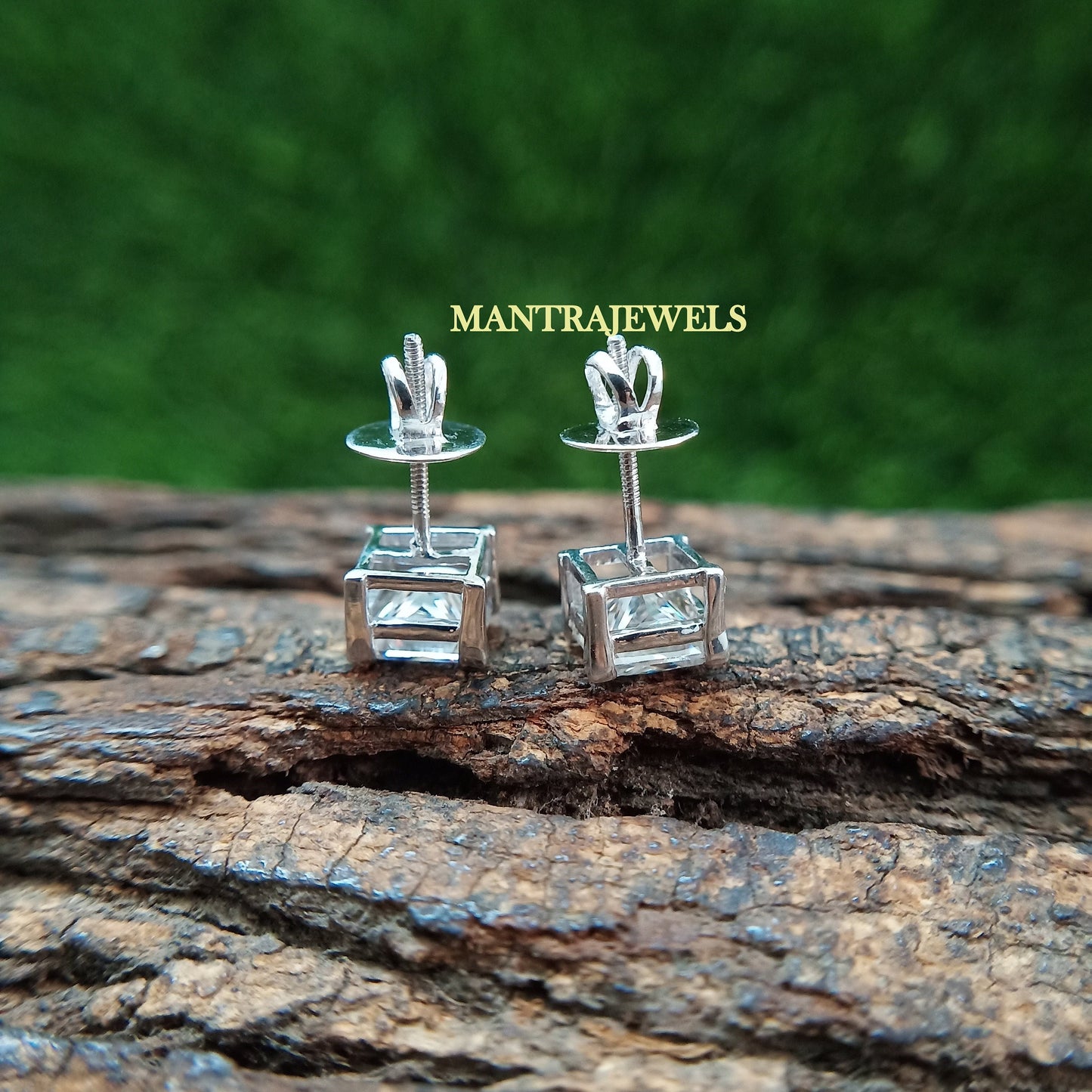 Moissanite Screw Back Earrings/ Princess Cut Studs Wedding Earrings/ Basket Setting Unisex Earrings/ 925 Sterling Silver Diamond Earrings.