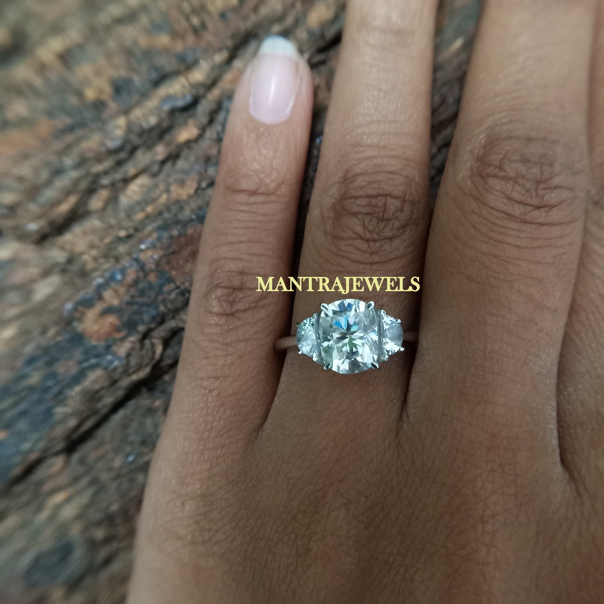 3 ct Moissanite Elongated Cushion Cut Engagement Ring With Half Moon Accents In 14k Rose Gold, Colorless Moissanite Three Stone Wedding Ring