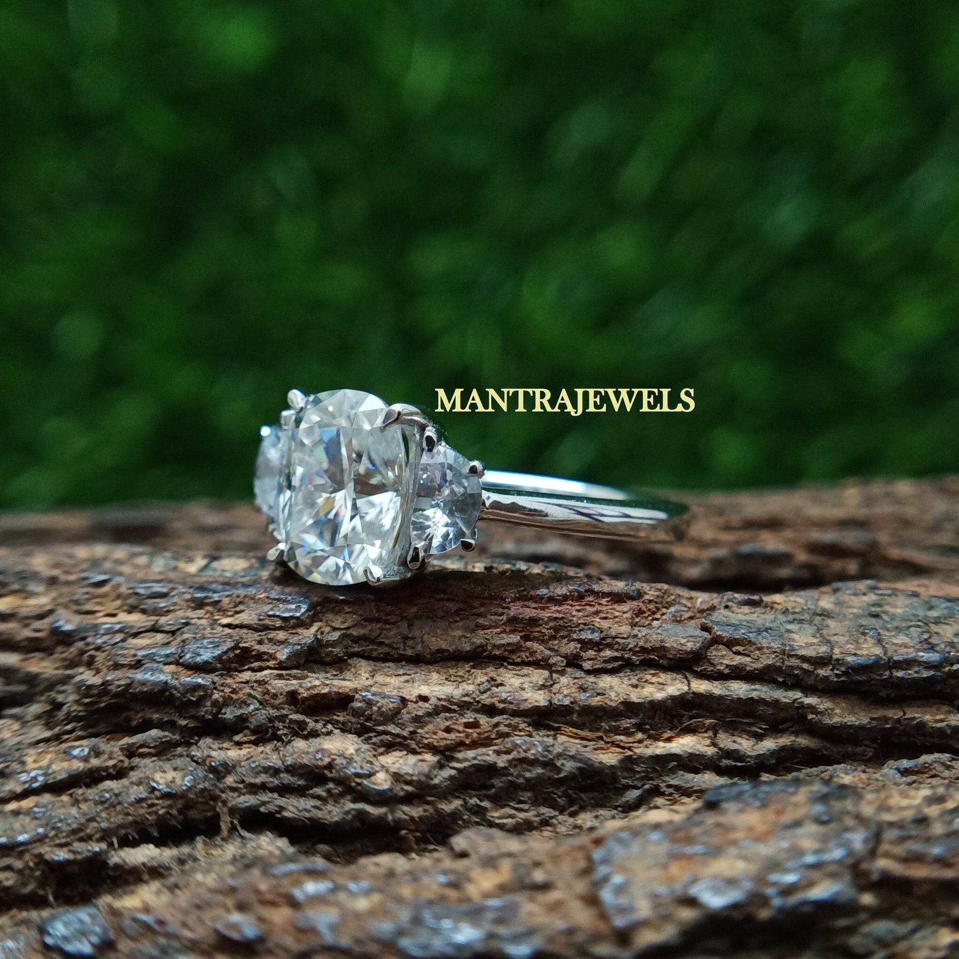 3 ct Moissanite Elongated Cushion Cut Engagement Ring With Half Moon Accents In 14k Rose Gold, Colorless Moissanite Three Stone Wedding Ring