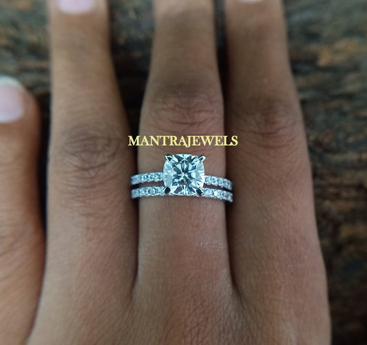 1.50 CT Cushion Near White Moissanite Diamond Wedding Ring Set 14K WHITE GOLD