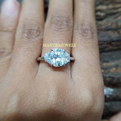 3 ct Moissanite Elongated Cushion Cut Engagement Ring With Half Moon Accents In 14k Rose Gold, Colorless Moissanite Three Stone Wedding Ring