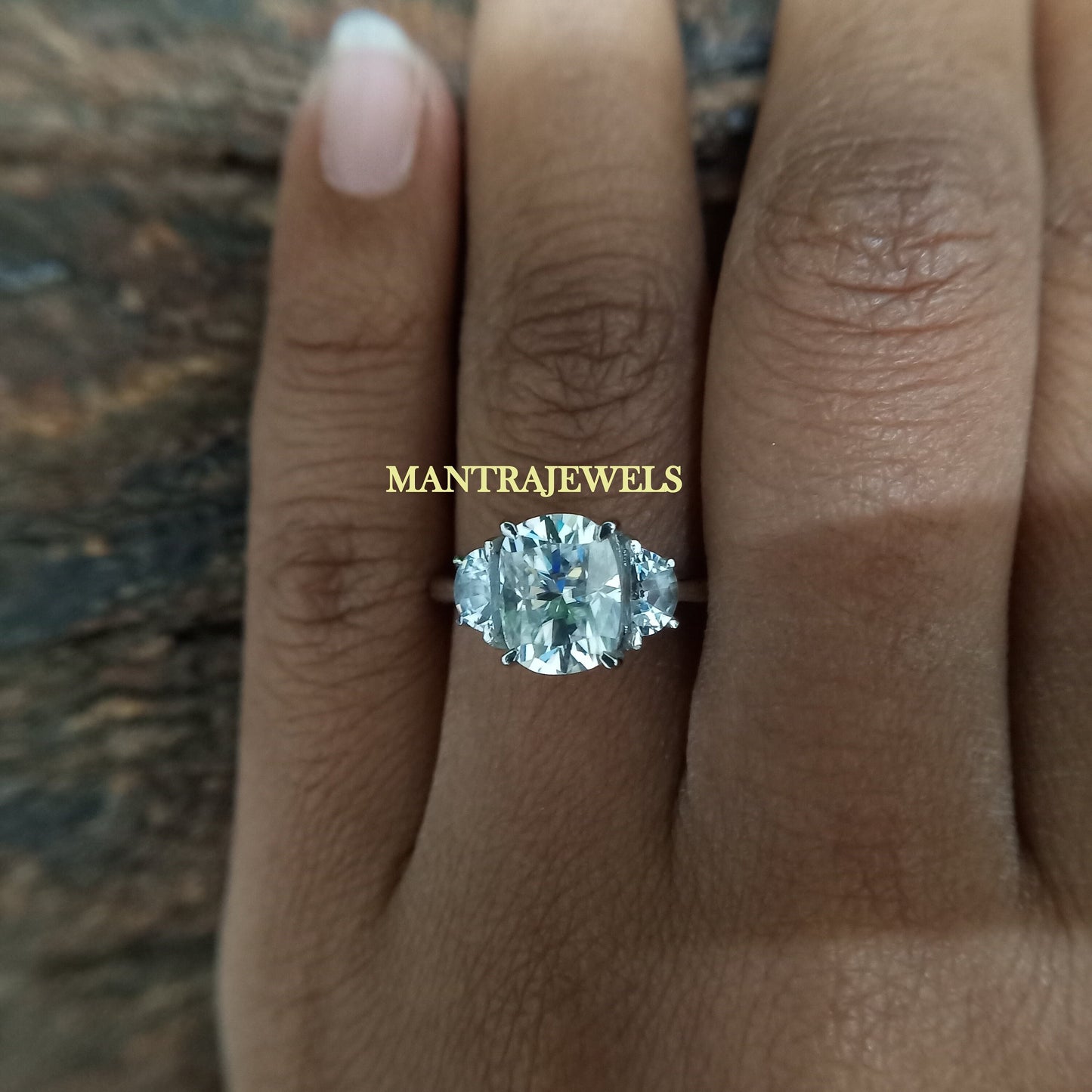 3 ct Moissanite Elongated Cushion Cut Engagement Ring With Half Moon Accents In 14k Rose Gold, Colorless Moissanite Three Stone Wedding Ring