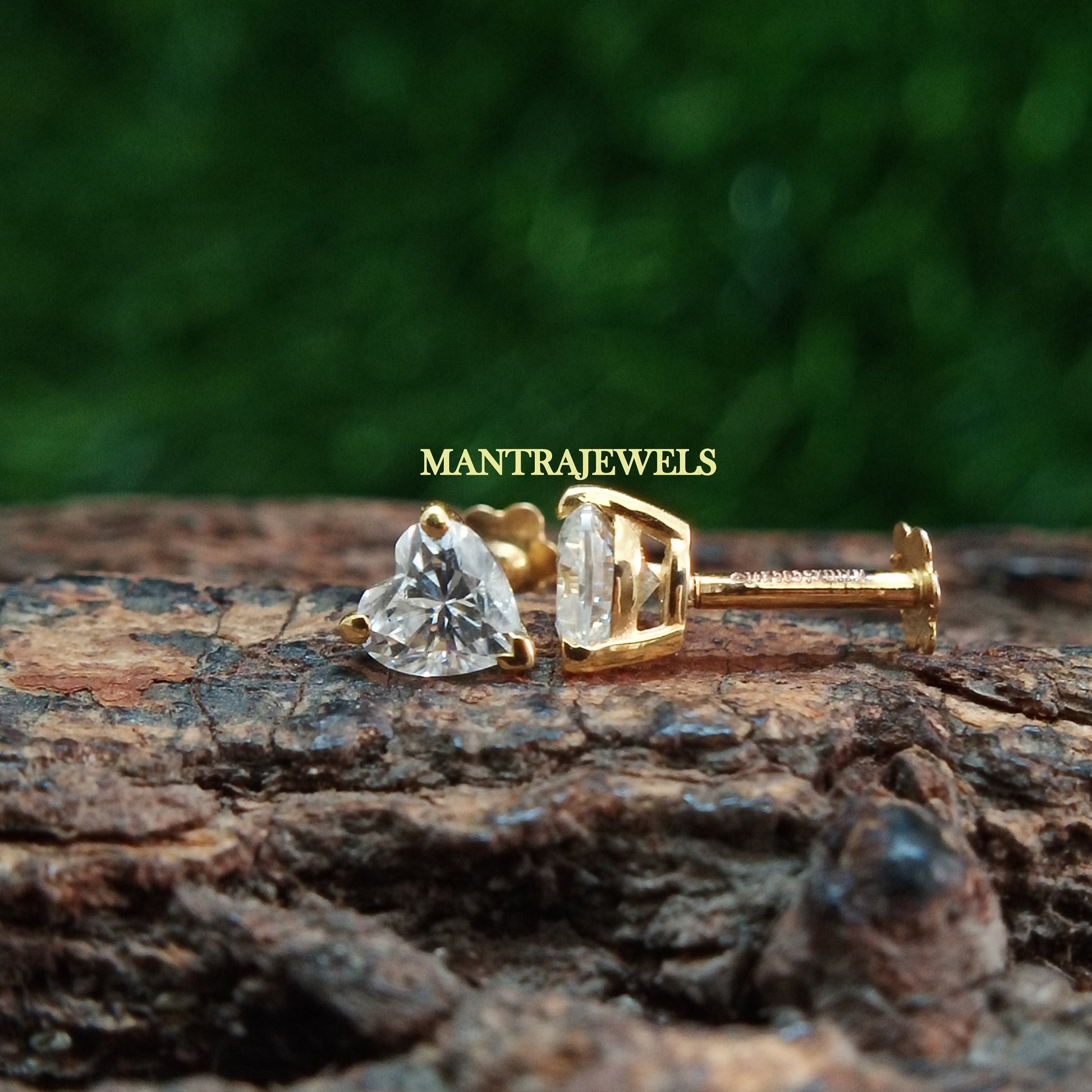 Heart Shape Moissanite Earrings, Smallest Heart Design Women's Earrings, Solid Yellow Gold Customized Earrings, Antique Screw Back Earrings.