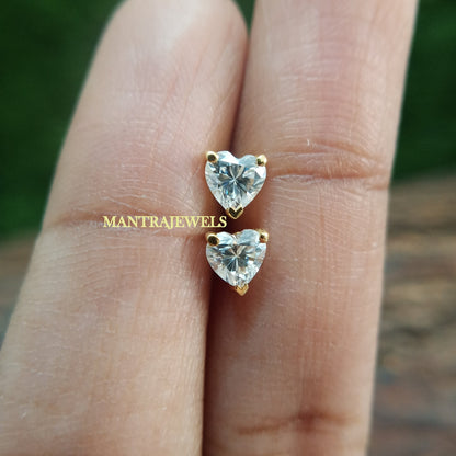 Heart Shape Moissanite Earrings, Smallest Heart Design Women's Earrings, Solid Yellow Gold Customized Earrings, Antique Screw Back Earrings.