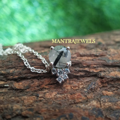 Natural Black Rutilated Quartz Necklace Unique Round Cut Designer Pendant Birthday Gift for her Pendant Gemstone White Gold Minimalist