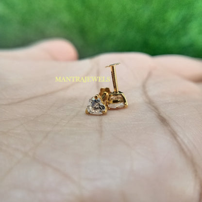 Heart Shape Moissanite Earrings, Smallest Heart Design Women's Earrings, Solid Yellow Gold Customized Earrings, Antique Screw Back Earrings.