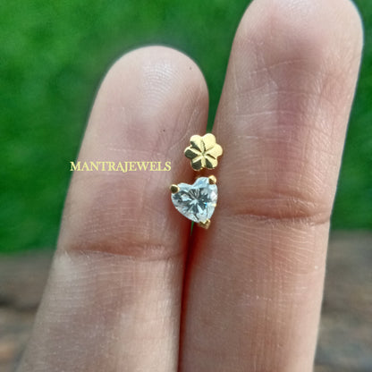 Heart Shape Moissanite Earrings, Smallest Heart Design Women's Earrings, Solid Yellow Gold Customized Earrings, Antique Screw Back Earrings.