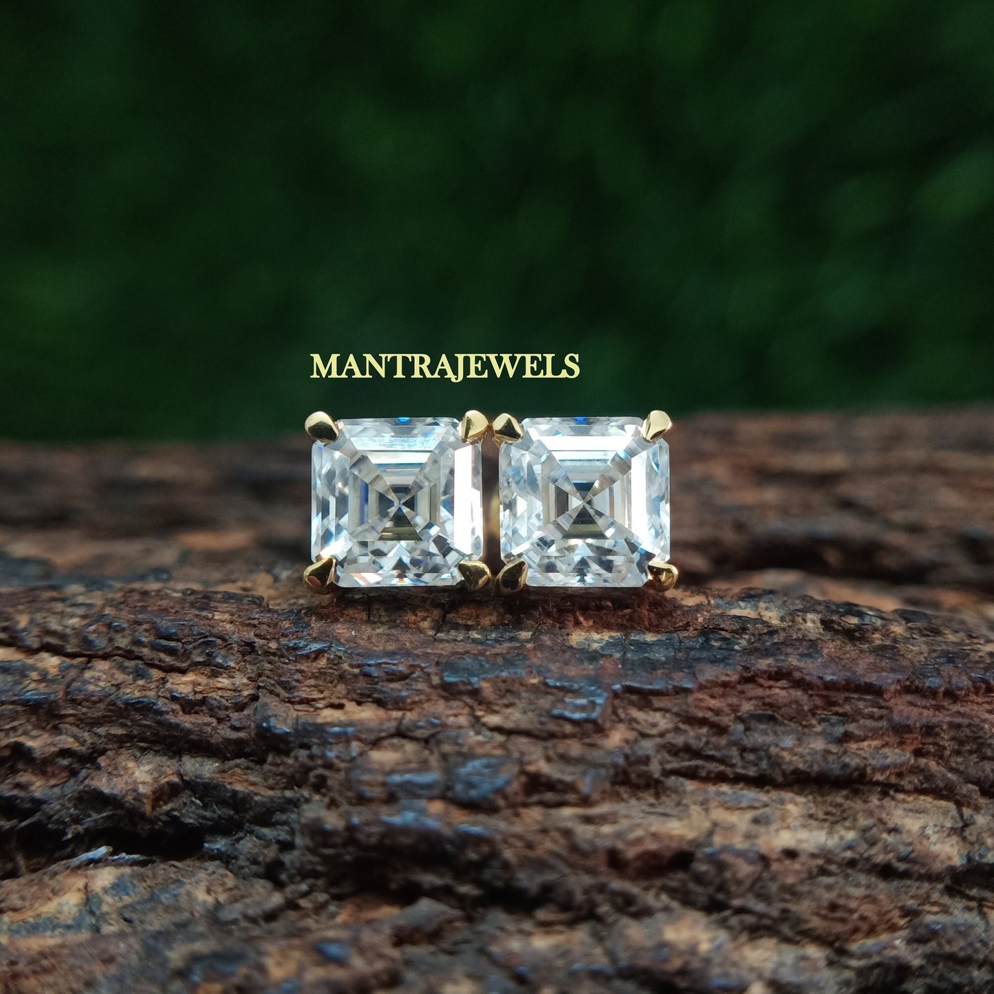 Asscher Cut Near Colorless Moissanite Stud Earrings, 10k/14k/18k Yellow Gold Diamond Earrings, Basket Prongs Solitaire Screw Back Earrings.