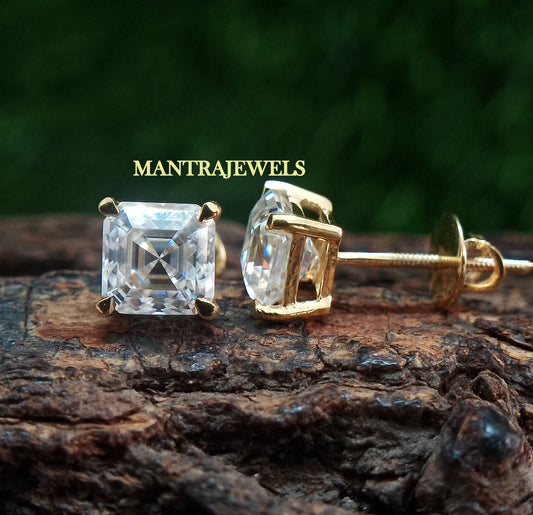 Asscher Cut Near Colorless Moissanite Stud Earrings, 10k/14k/18k Yellow Gold Diamond Earrings, Basket Prongs Solitaire Screw Back Earrings.