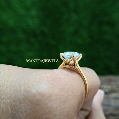 Round Cut Moissanite Ring, Tulip Setting Designer Ring, Solid 18KT Yellow Gold Diamond Ring, Daily Wear Women's Moissanite Ring.