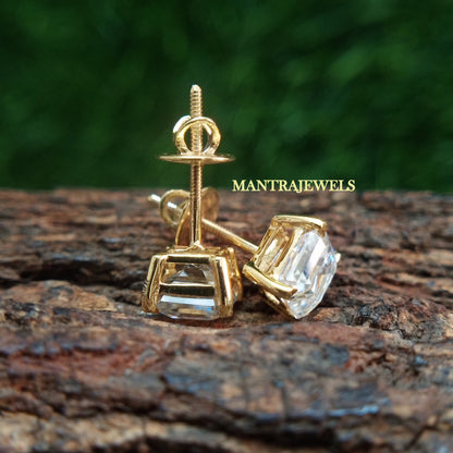 Asscher Cut Near Colorless Moissanite Stud Earrings, 10k/14k/18k Yellow Gold Diamond Earrings, Basket Prongs Solitaire Screw Back Earrings.