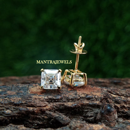 Asscher Cut Near Colorless Moissanite Stud Earrings, 10k/14k/18k Yellow Gold Diamond Earrings, Basket Prongs Solitaire Screw Back Earrings.