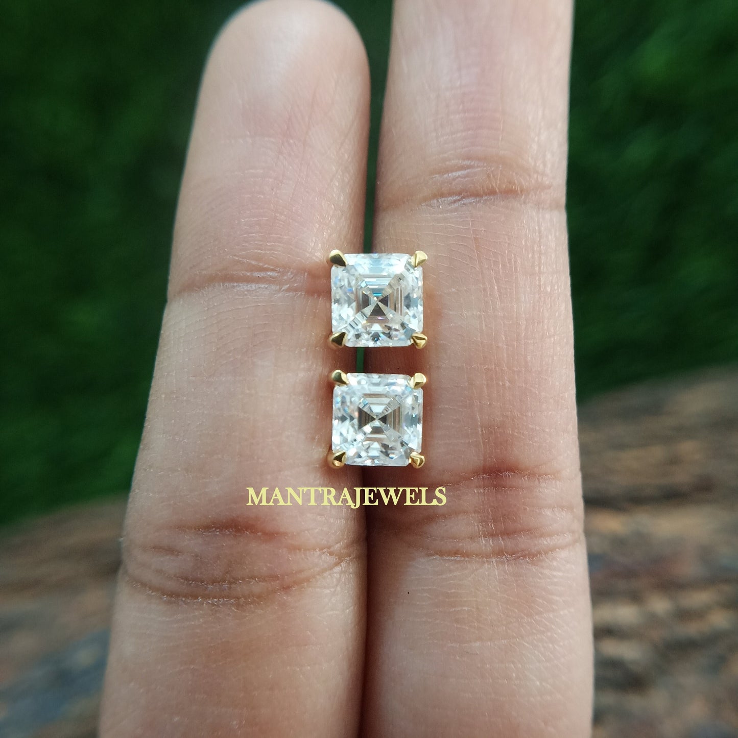 Asscher Cut Near Colorless Moissanite Stud Earrings, 10k/14k/18k Yellow Gold Diamond Earrings, Basket Prongs Solitaire Screw Back Earrings.