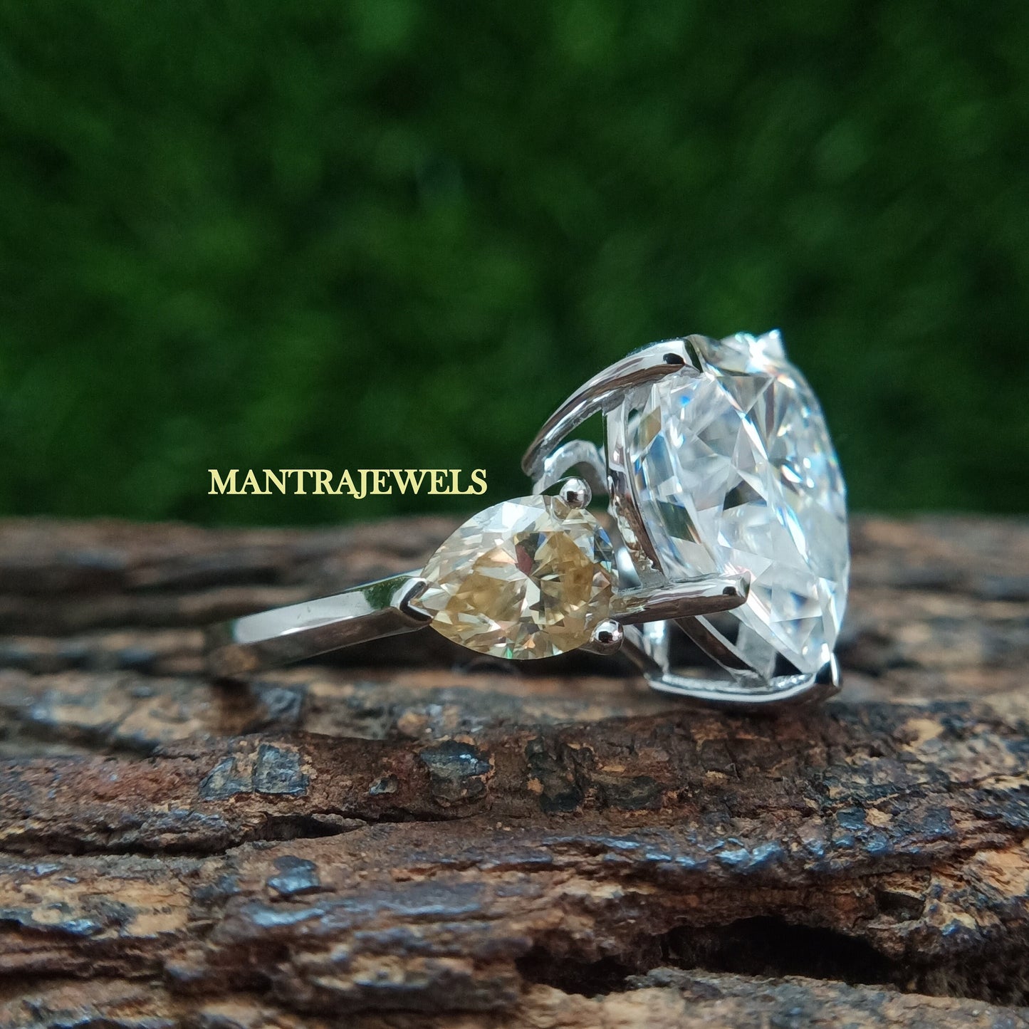 Big Heart Shape Moissanite Engagement Ring, Three Stone Wedding Ring, Side Pear Yellow Moissanite Ring, White Gold Customized Ring.