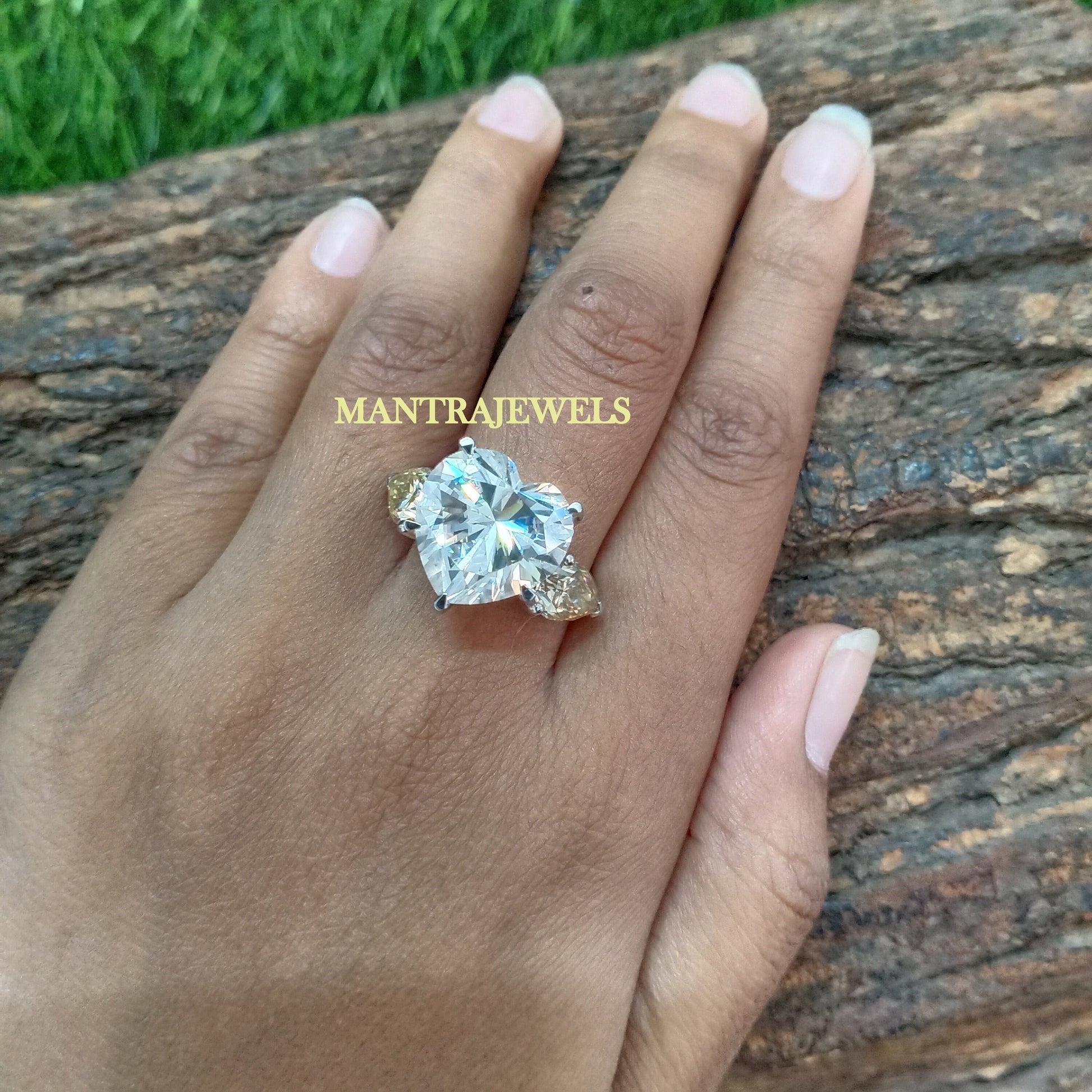 Big Heart Shape Moissanite Engagement Ring, Three Stone Wedding Ring, Side Pear Yellow Moissanite Ring, White Gold Customized Ring.