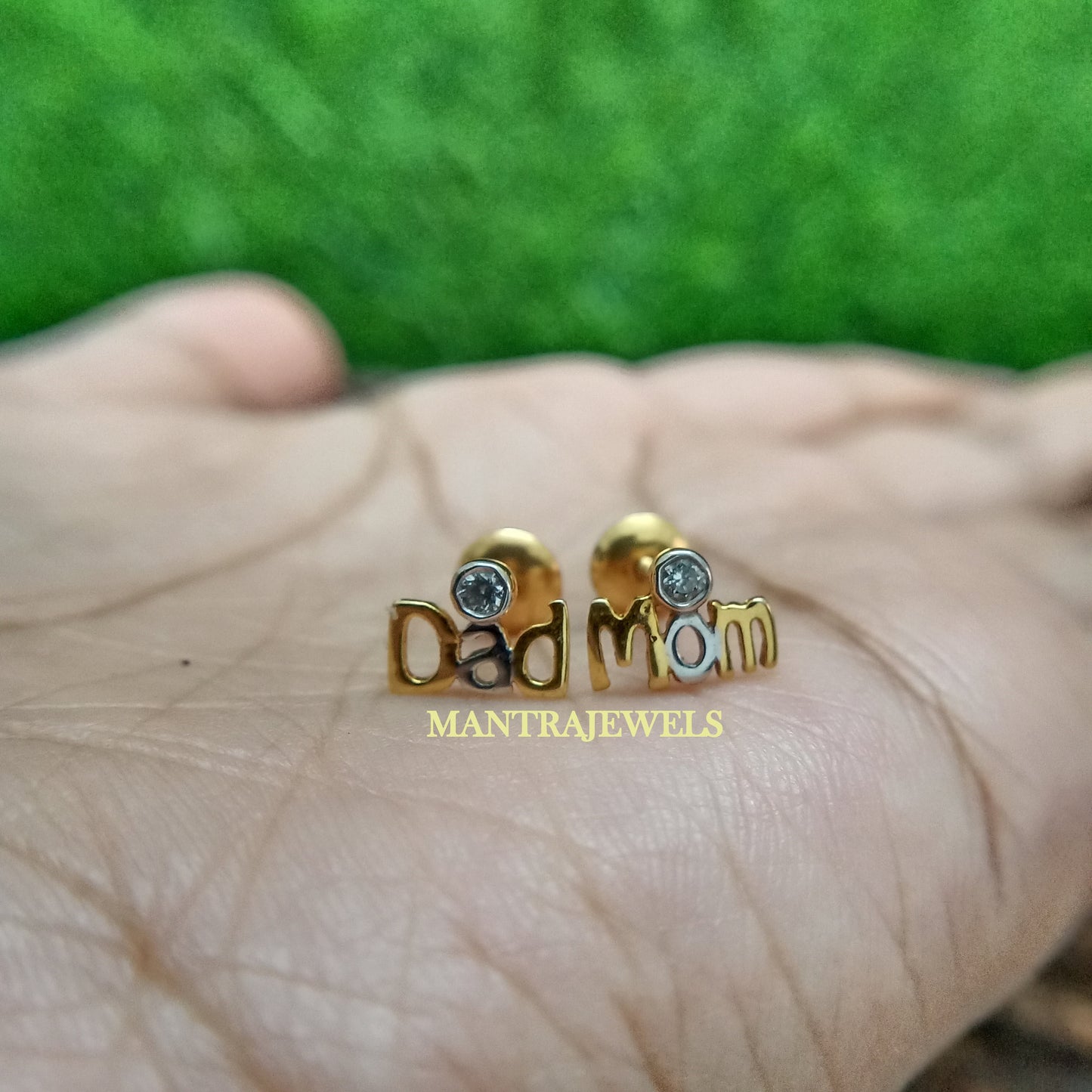 Mom & Dad Word Moissanite Studs Earrings, Round Cut Colorless Moissanite Everyday Wear Kids Earrings, Screw Back Solid Gold Earrings.