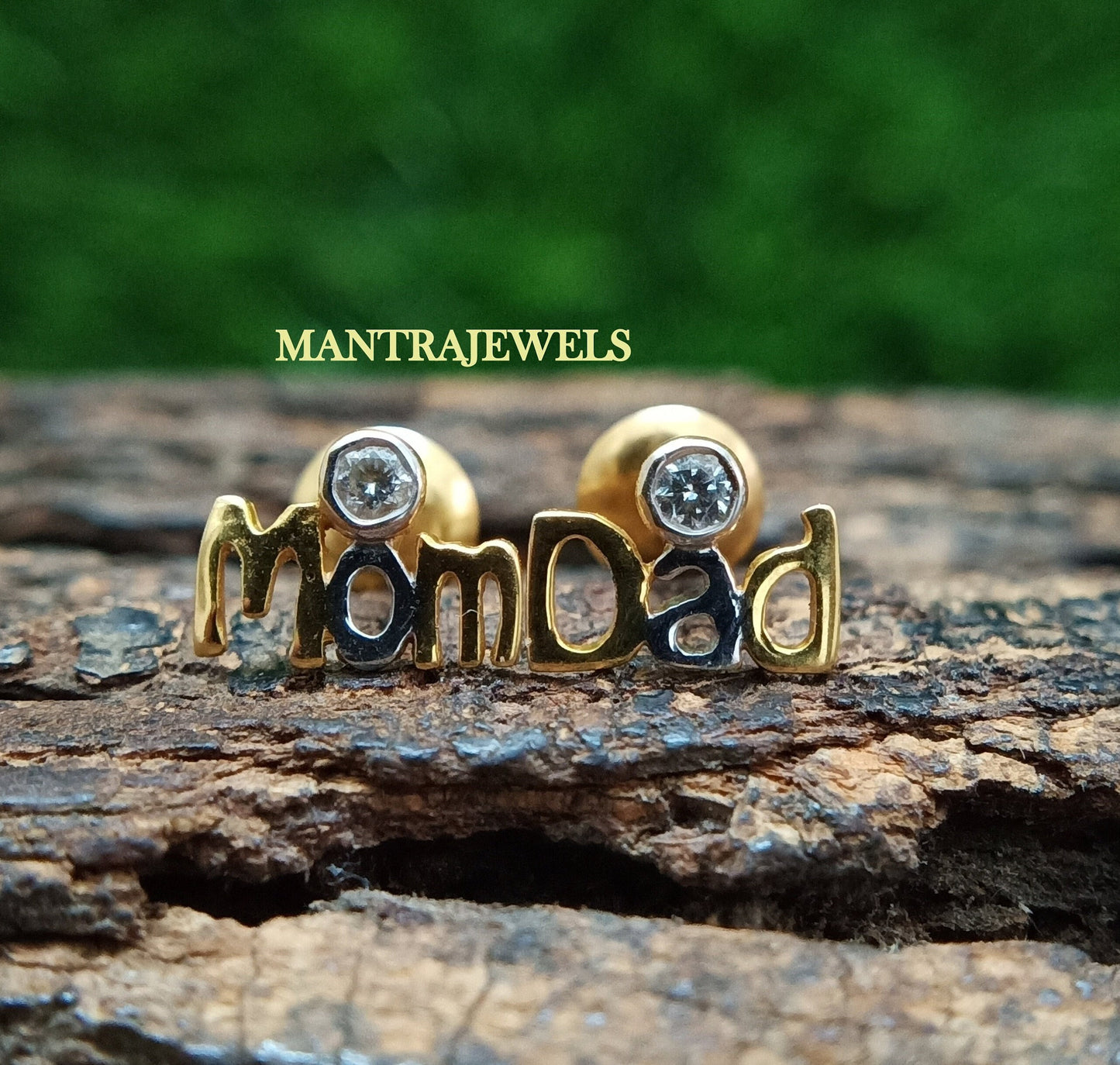 Mom & Dad Word Moissanite Studs Earrings, Round Cut Colorless Moissanite Everyday Wear Kids Earrings, Screw Back Solid Gold Earrings.