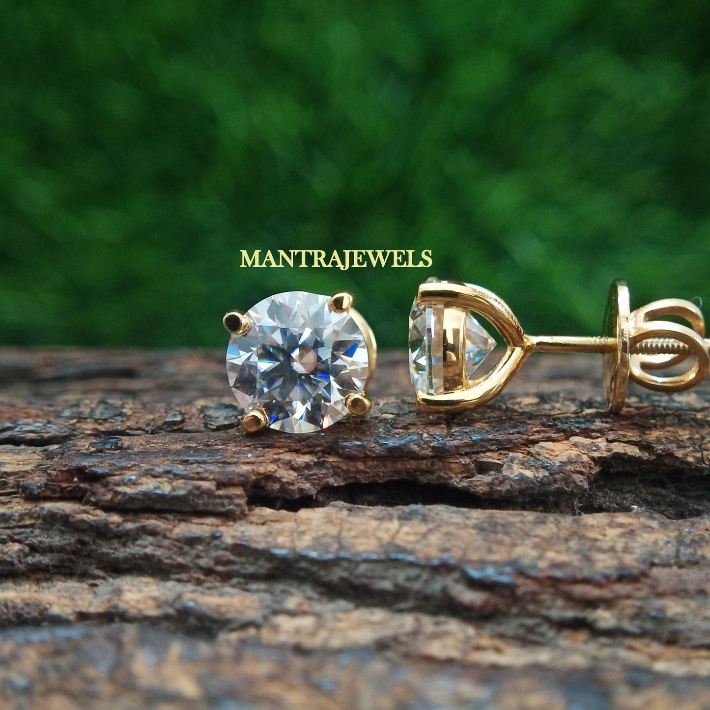 Classic Four Prong Martini Style Earrings, 8.00 MM Colorless Round Cut Moissanite Earrings, Solid Yellow Gold Push Back & Screw Back Earring