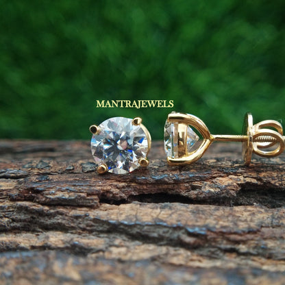 Classic Four Prong Martini Style Earrings, 8.00 MM Colorless Round Cut Moissanite Earrings, Solid Yellow Gold Push Back & Screw Back Earring