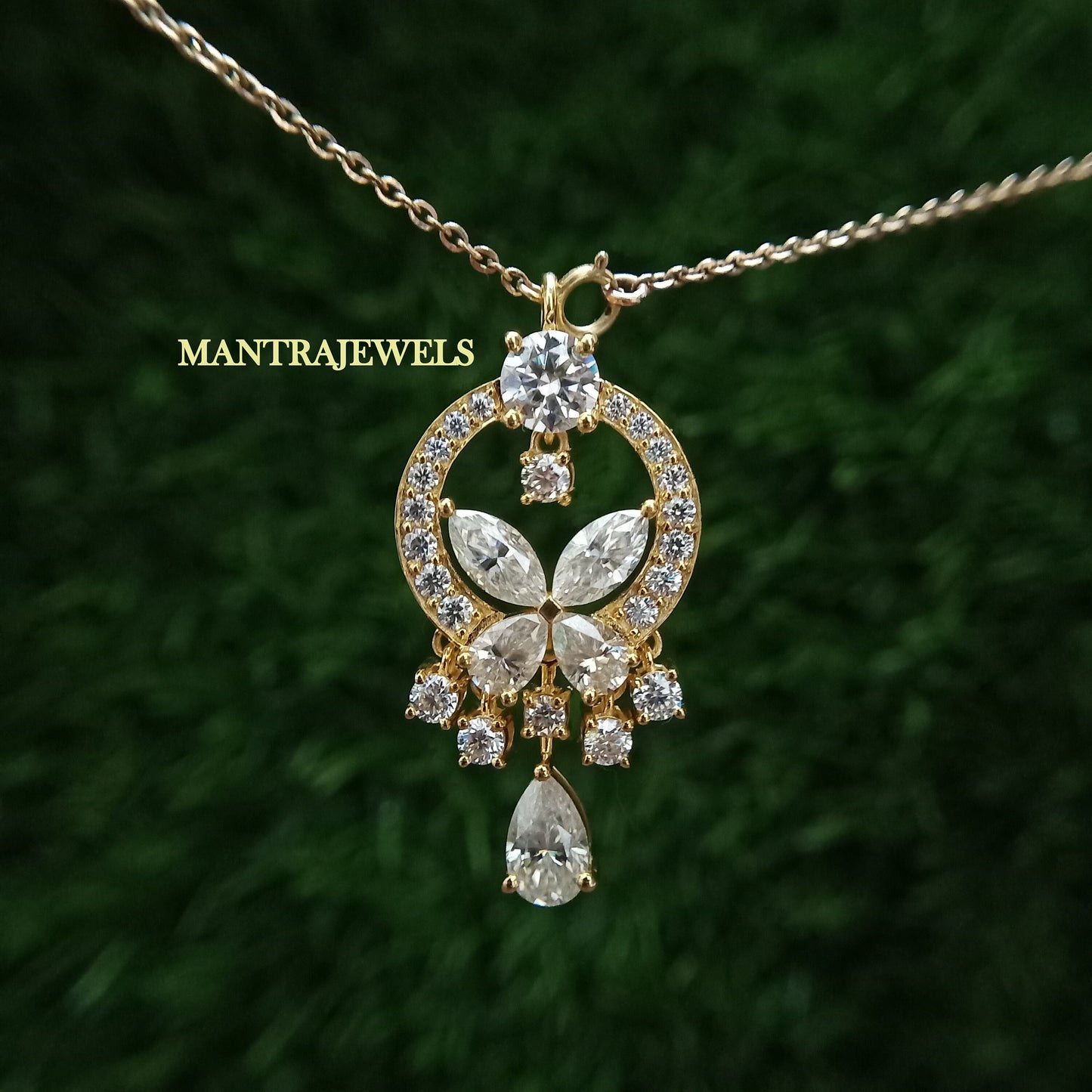 Vintage Round, Pear & Marquise Moissanite Pendant, Alternating Mixed Cut Diamond Handmade Pendant, Anniversary/Birthday Gift For Women