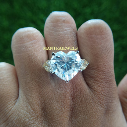 Big Heart Shape Moissanite Engagement Ring, Three Stone Wedding Ring, Side Pear Yellow Moissanite Ring, White Gold Customized Ring.