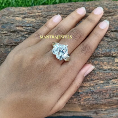 Big Heart Shape Moissanite Engagement Ring, Three Stone Wedding Ring, Side Pear Yellow Moissanite Ring, White Gold Customized Ring.