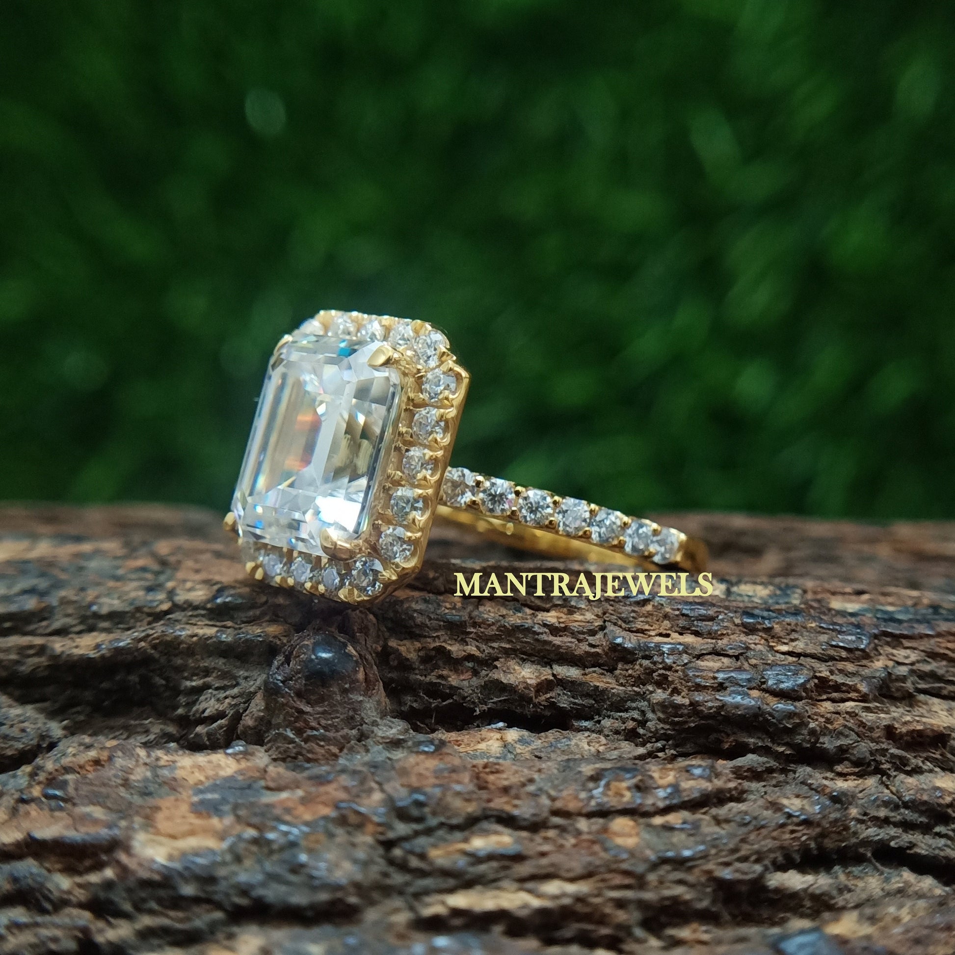 Halo Emerald Cut Colorless Moissanite Ring, Half Eternity Solid Yellow Gold Ring, Claw Prongs Engagement Ring, Beautiful Daily Wear Jewelry.