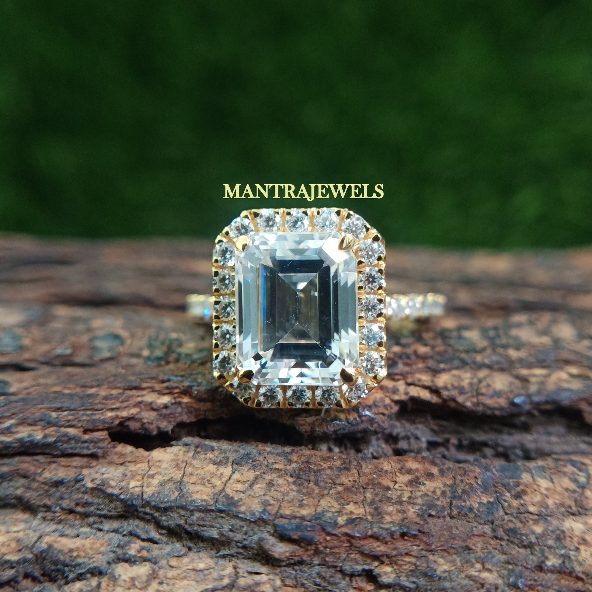 Halo Emerald Cut Colorless Moissanite Ring, Half Eternity Solid Yellow Gold Ring, Claw Prongs Engagement Ring, Beautiful Daily Wear Jewelry.