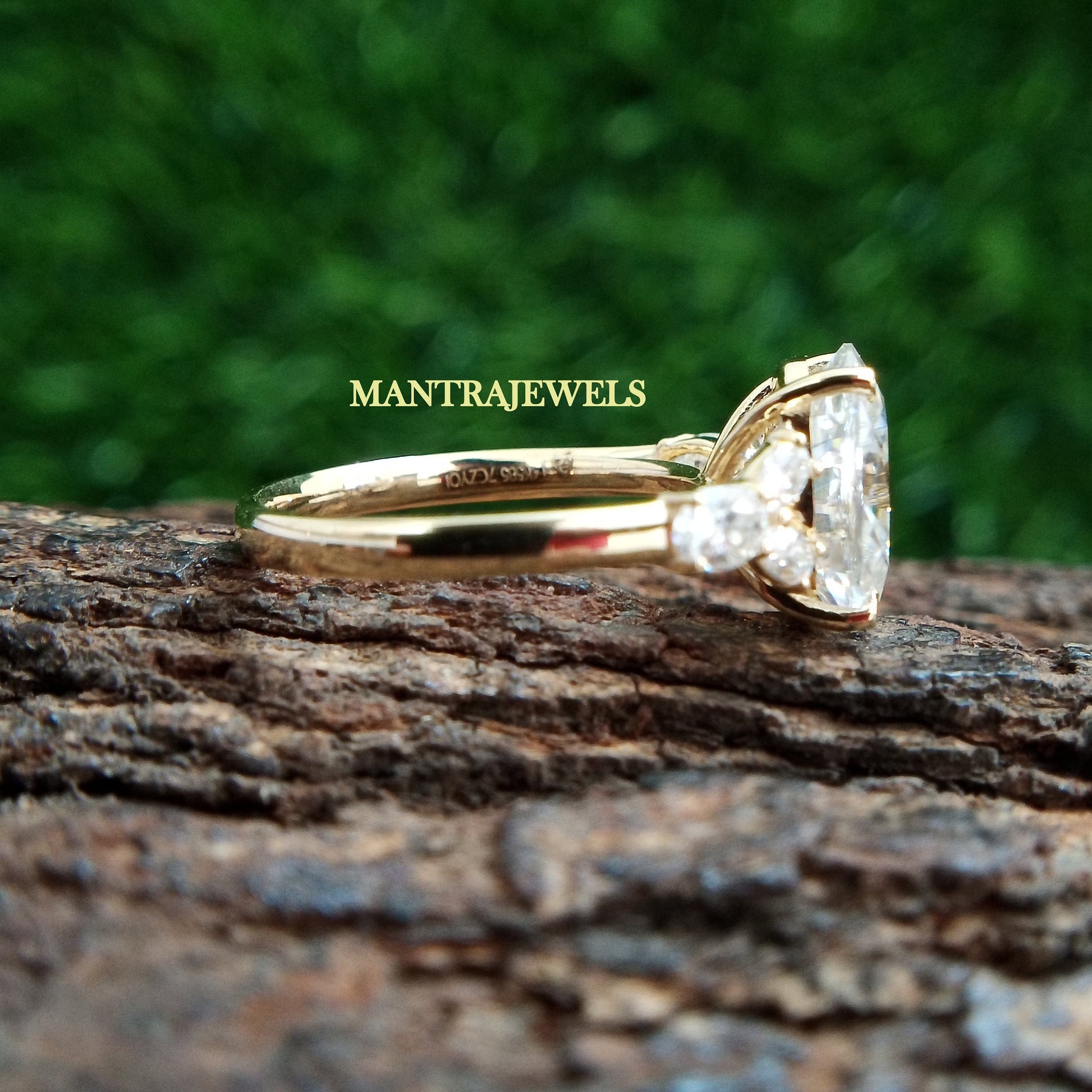 Oval Cut Moissanite Ring, Handmade Side Simulated Diamond Ring, Vintage Knife Edge Prong Set Ring, 10k Yellow Gold Wedding Ring.