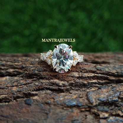 Oval Cut Moissanite Ring, Handmade Side Simulated Diamond Ring, Vintage Knife Edge Prong Set Ring, 10k Yellow Gold Wedding Ring.