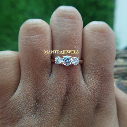 1CTW Round Cut Moissanite Ring, Three Stone Round Wedding Ring, Solid Rose Gold Daily Wear Engagement Ring, Special Occasion Ring Gift