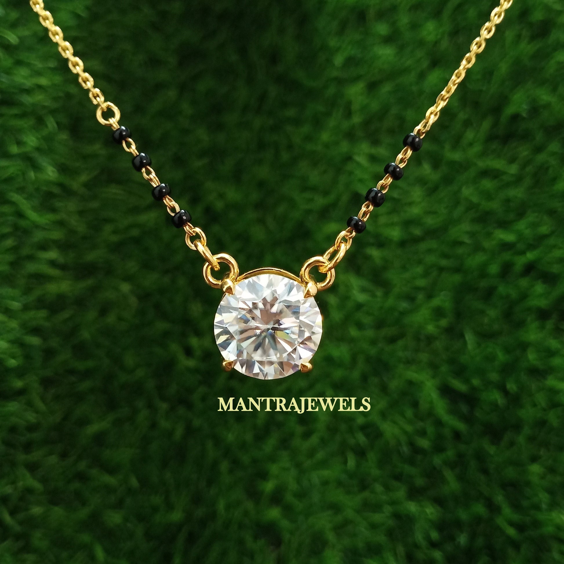 Round Cut diamond Pendants, Mangalsutra Diamond Necklace Pendant, Black Beads Chain With Pendant, Basket Indian Wedding Moissanite Pendant.