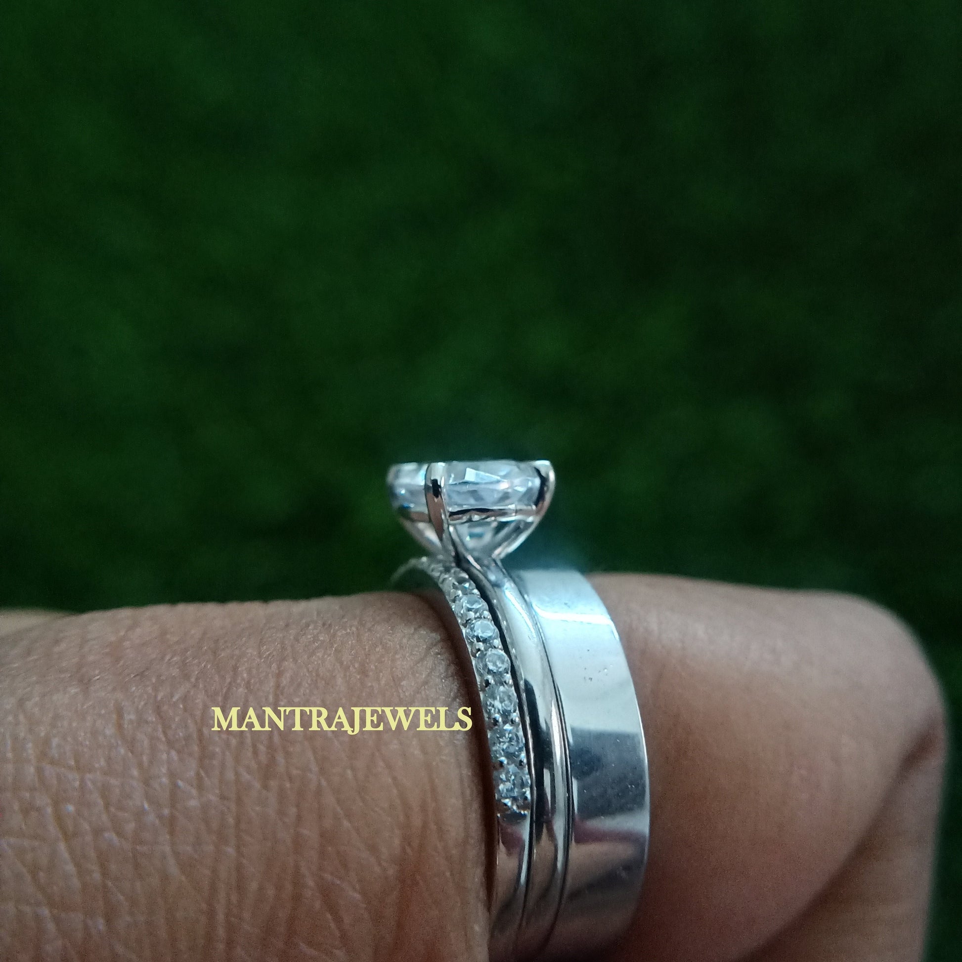 3 Pcs Set Oval Cut Moissanite Diamond Bridal Ring Set, East West Oval With Matching Band, Shared Prong Half Eternity Anniversary Ring Set.