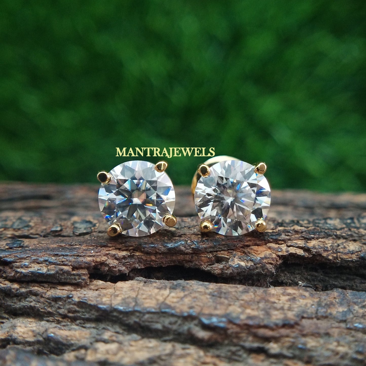 Classic Four Prong Martini Style Earrings, 8.00 MM Colorless Round Cut Moissanite Earrings, Solid Yellow Gold Push Back & Screw Back Earring