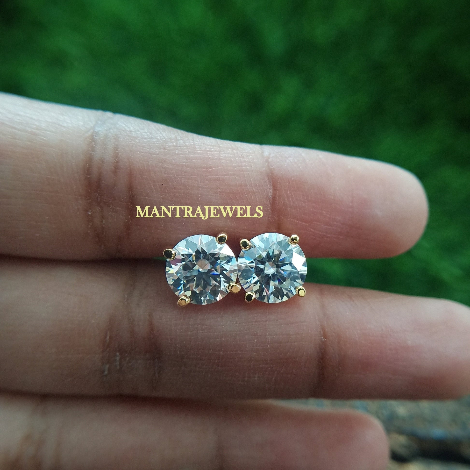 Classic Four Prong Martini Style Earrings, 8.00 MM Colorless Round Cut Moissanite Earrings, Solid Yellow Gold Push Back & Screw Back Earring