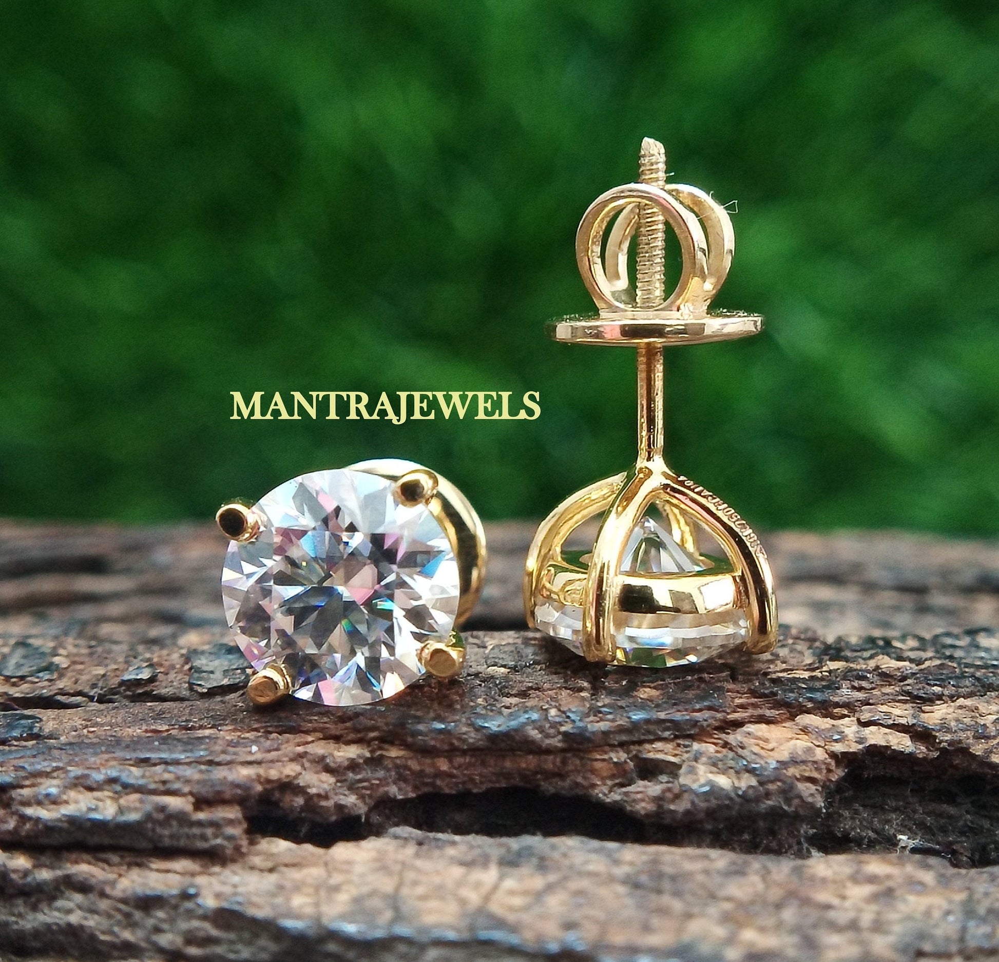 Classic Four Prong Martini Style Earrings, 8.00 MM Colorless Round Cut Moissanite Earrings, Solid Yellow Gold Push Back & Screw Back Earring