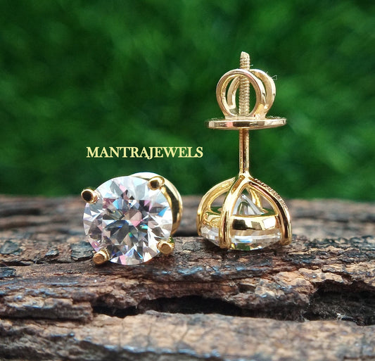 Classic Four Prong Martini Style Earrings, 8.00 MM Colorless Round Cut Moissanite Earrings, Solid Yellow Gold Push Back & Screw Back Earring