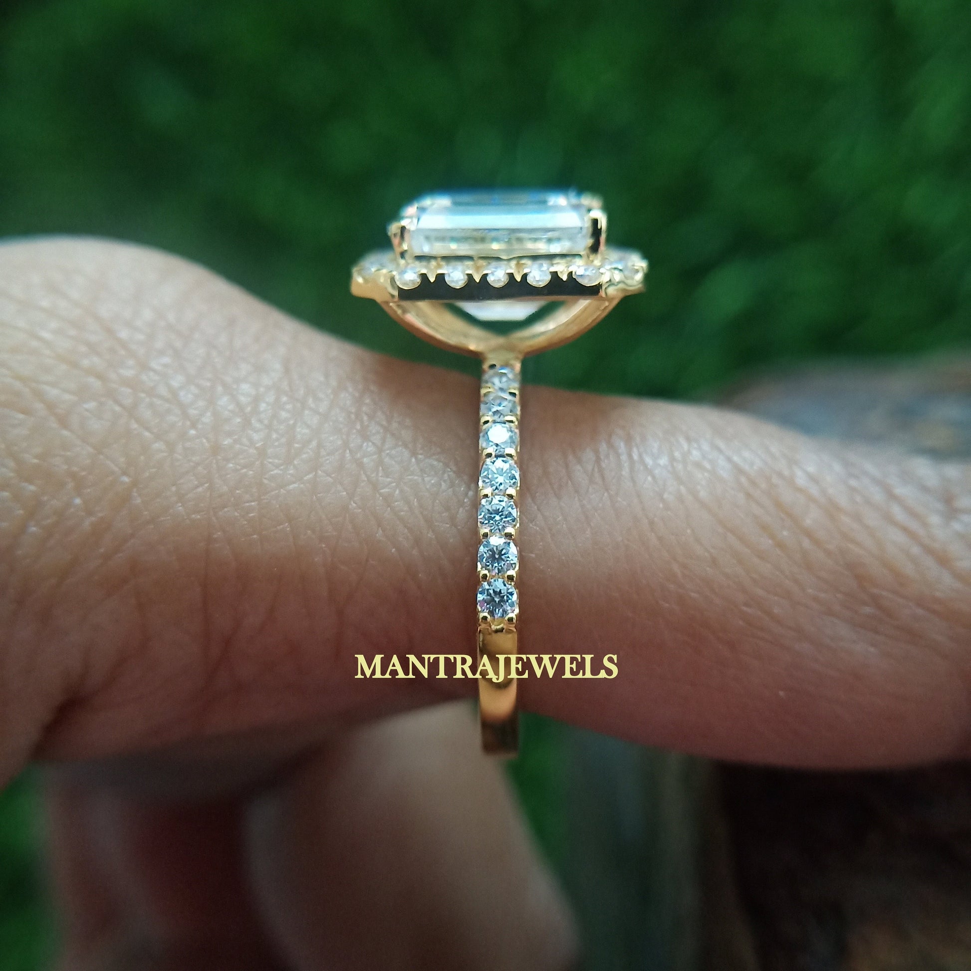 Halo Emerald Cut Colorless Moissanite Ring, Half Eternity Solid Yellow Gold Ring, Claw Prongs Engagement Ring, Beautiful Daily Wear Jewelry.