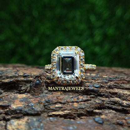 Halo Emerald Cut Colorless Moissanite Ring, Half Eternity Solid Yellow Gold Ring, Claw Prongs Engagement Ring, Beautiful Daily Wear Jewelry.