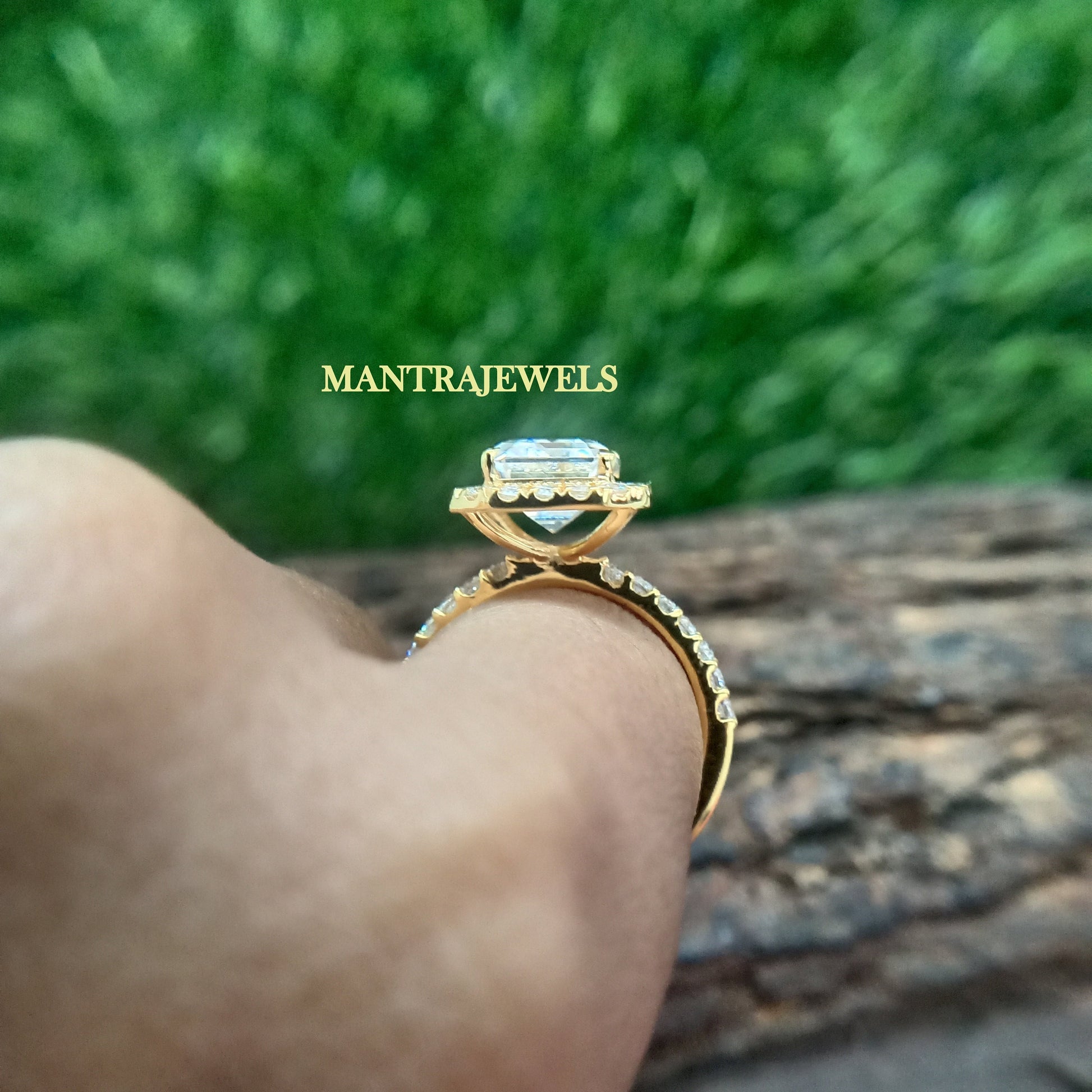 Halo Emerald Cut Colorless Moissanite Ring, Half Eternity Solid Yellow Gold Ring, Claw Prongs Engagement Ring, Beautiful Daily Wear Jewelry.