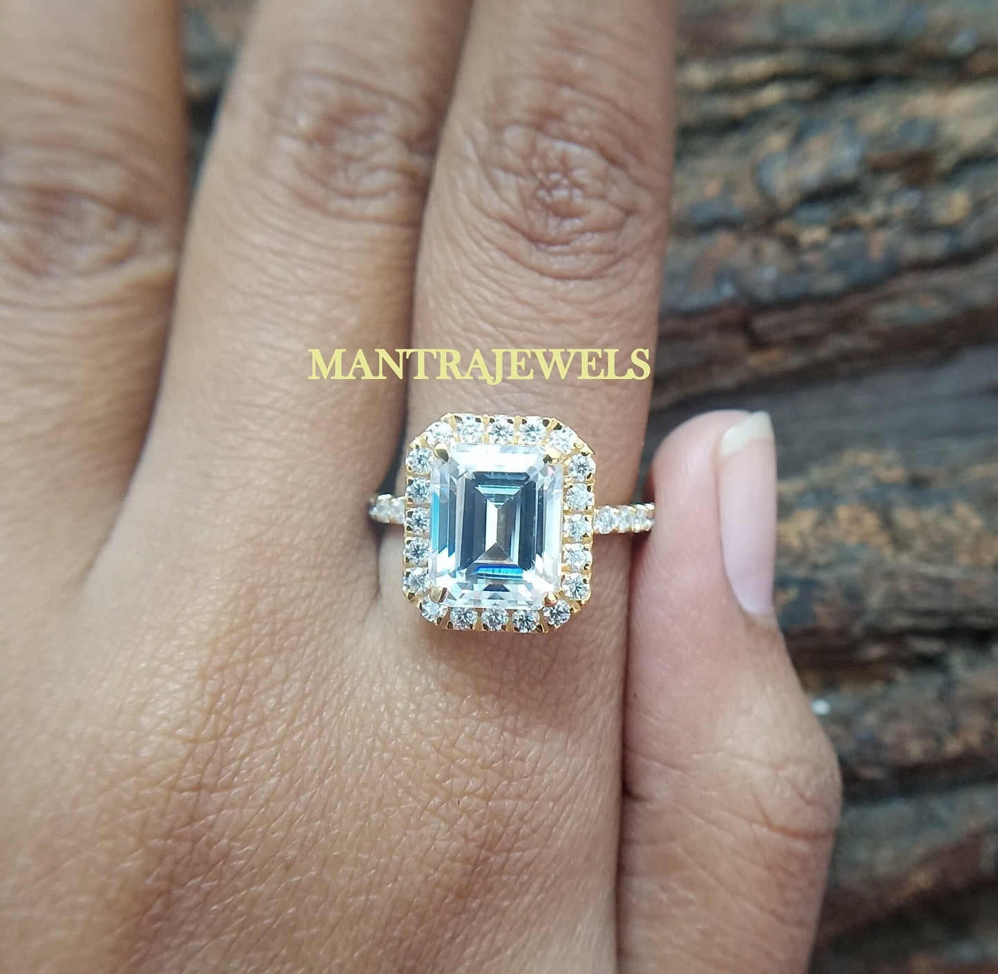 Halo Emerald Cut Colorless Moissanite Ring, Half Eternity Solid Yellow Gold Ring, Claw Prongs Engagement Ring, Beautiful Daily Wear Jewelry.