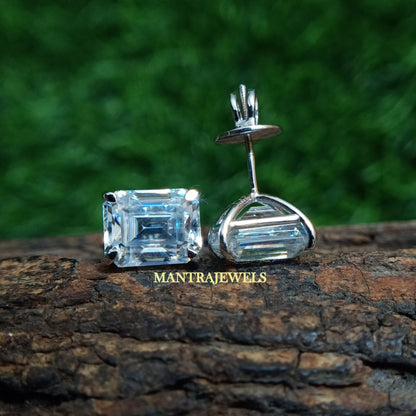 Daily Wear Emerald Cut Moissanite Earrings, Solid White Gold Screw Back Earrings, Studs Delicate Engagement Gift Earrings.