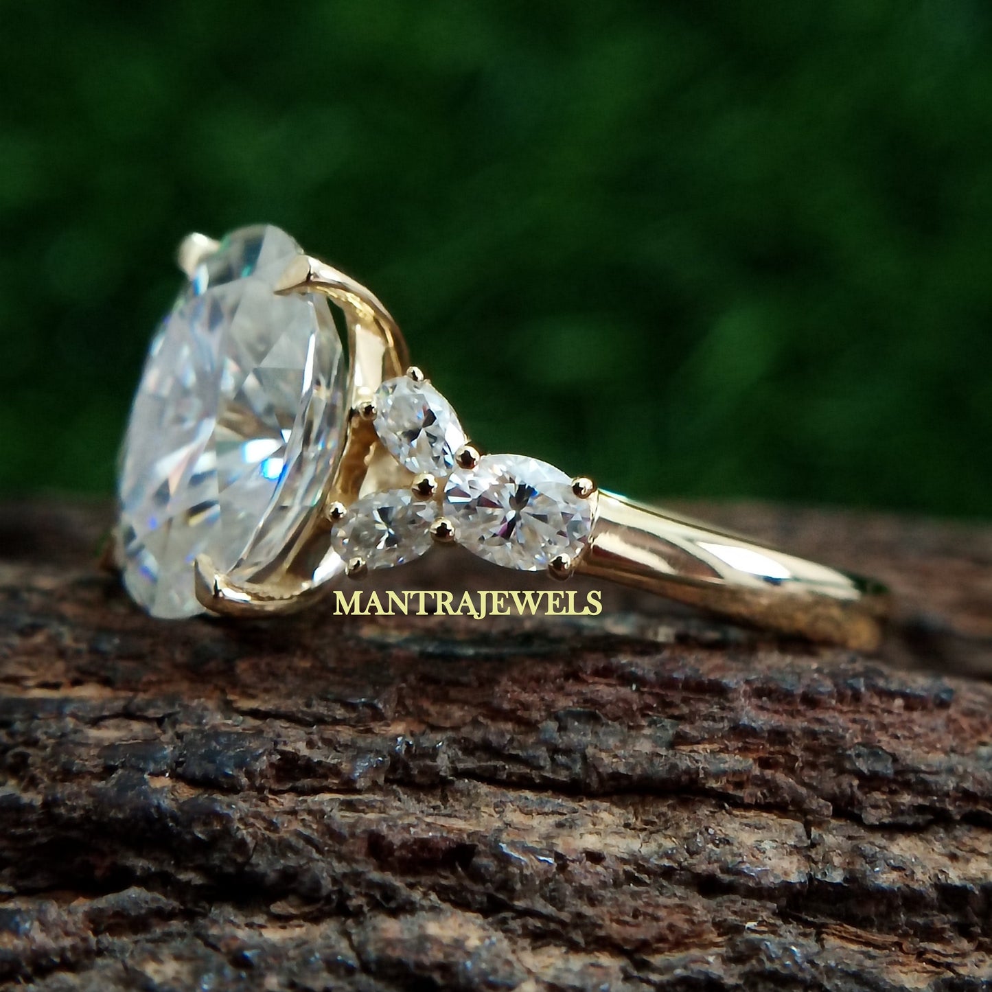 Oval Cut Moissanite Ring, Handmade Side Simulated Diamond Ring, Vintage Knife Edge Prong Set Ring, 10k Yellow Gold Wedding Ring.