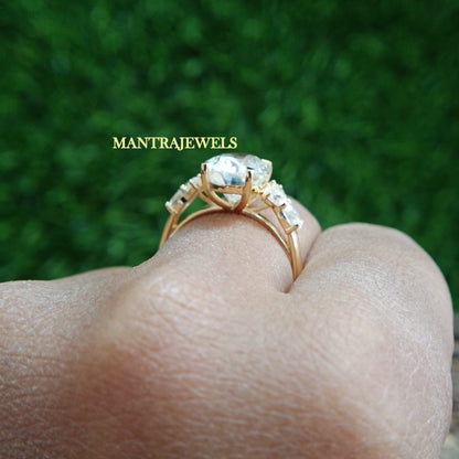 Oval Cut Moissanite Ring, Handmade Side Simulated Diamond Ring, Vintage Knife Edge Prong Set Ring, 10k Yellow Gold Wedding Ring.