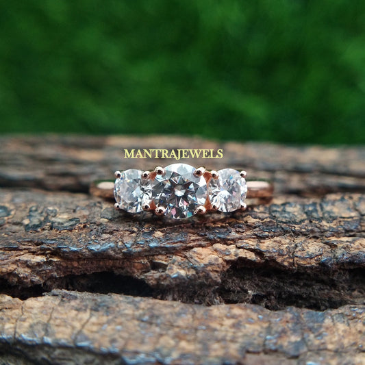 1CTW Round Cut Moissanite Ring, Three Stone Round Wedding Ring, Solid Rose Gold Daily Wear Engagement Ring, Special Occasion Ring Gift