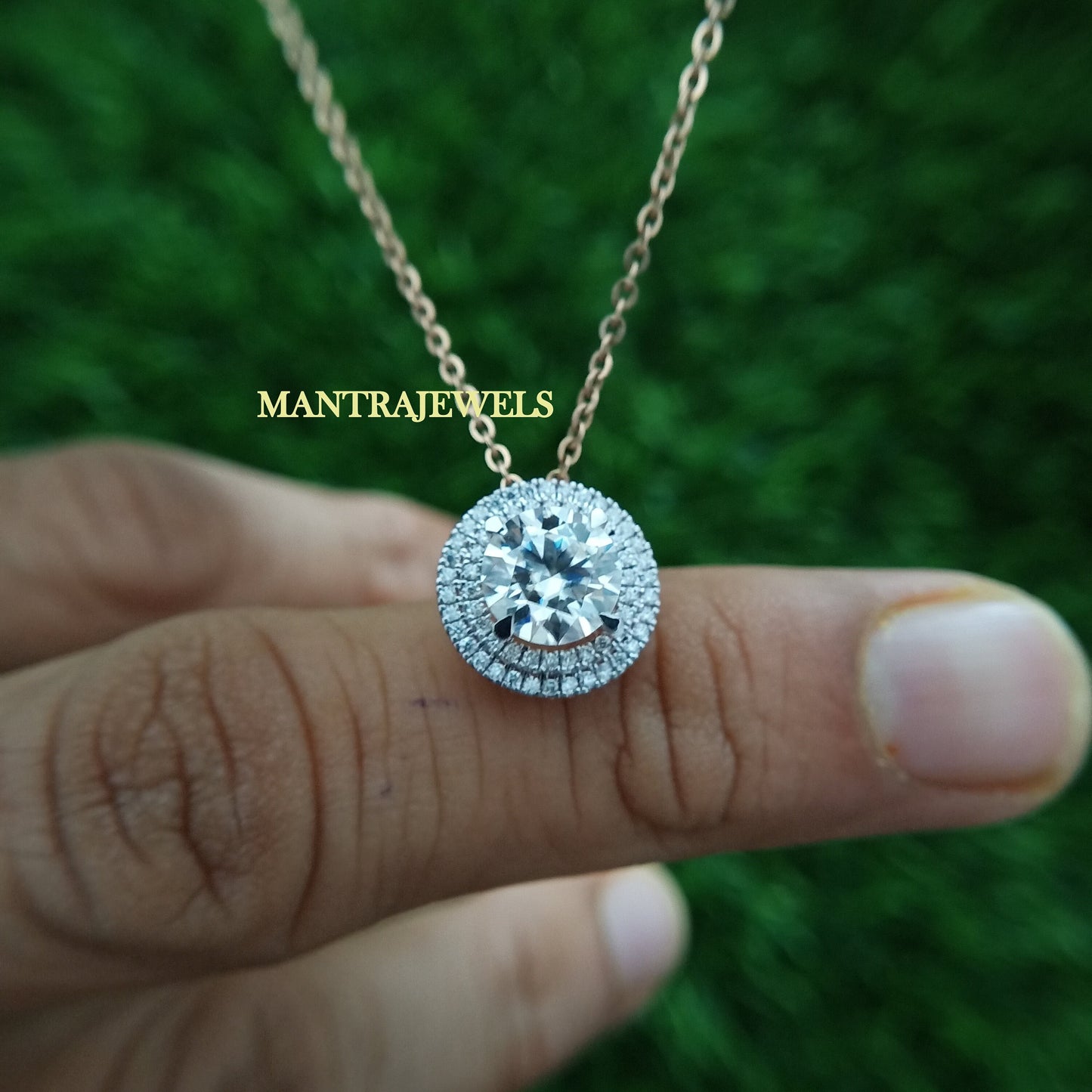 Brilliant Round Cut Colorless Moissanite Pendant, Double Halo Daily Wear Moissanite Pendant, Solitaire Rose Gold Wedding Pendant.