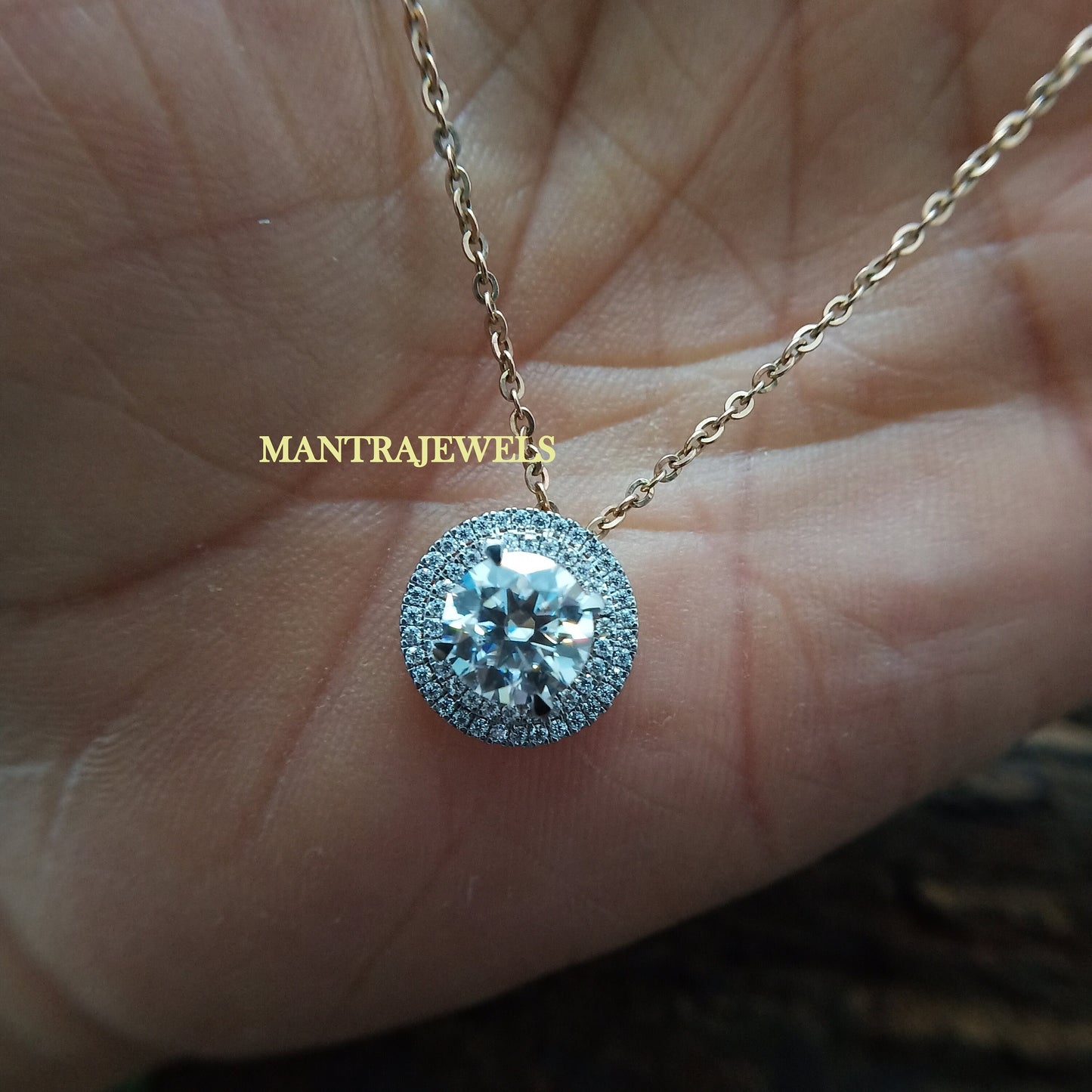 Brilliant Round Cut Colorless Moissanite Pendant, Double Halo Daily Wear Moissanite Pendant, Solitaire Rose Gold Wedding Pendant.