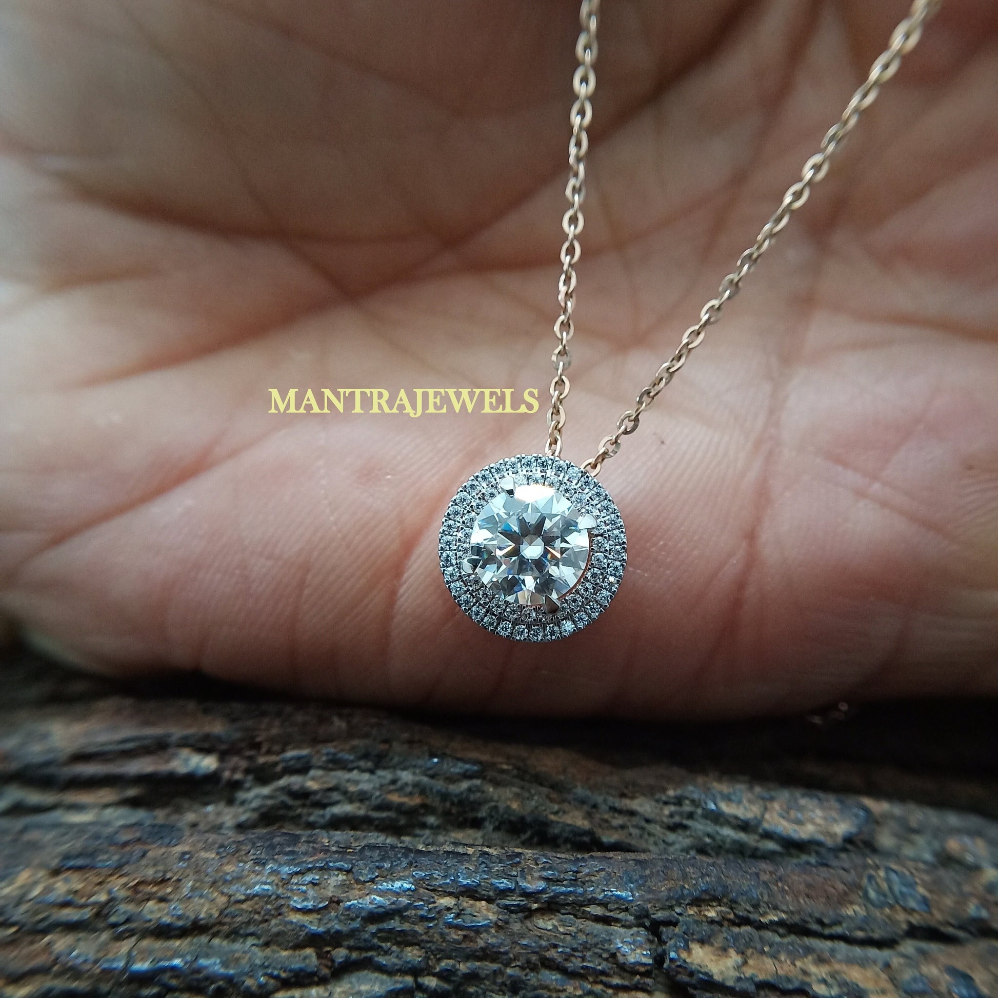 Brilliant Round Cut Colorless Moissanite Pendant, Double Halo Daily Wear Moissanite Pendant, Solitaire Rose Gold Wedding Pendant.