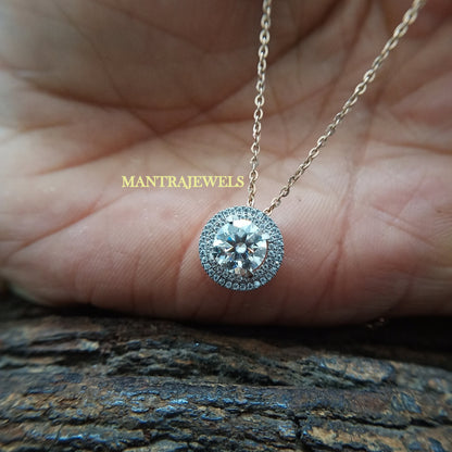 Brilliant Round Cut Colorless Moissanite Pendant, Double Halo Daily Wear Moissanite Pendant, Solitaire Rose Gold Wedding Pendant.